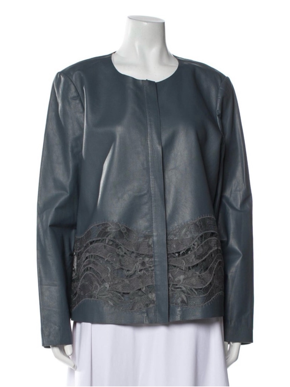 Lafayette 148 New York Slate Leather Jacket with Lace Panel